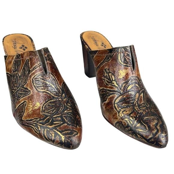 Patricia Nash Women’s Ruffina Brown Tooled Leather Metallic Gold Mule Size 7.5 - Picture 5 of 11